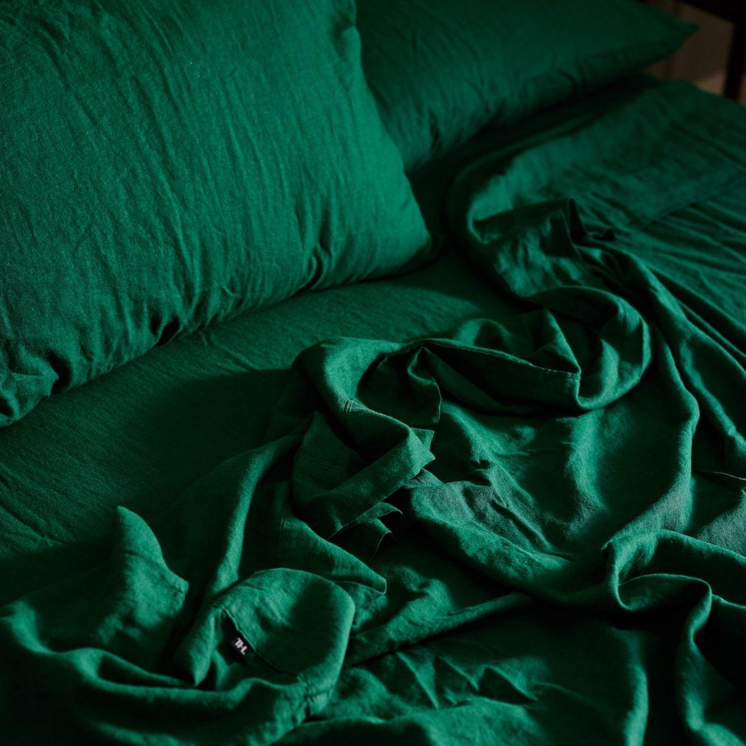 The Honest Label Pure Linen Flat Sheet in Forest Green with green tones flat sheet product view THL product image 1